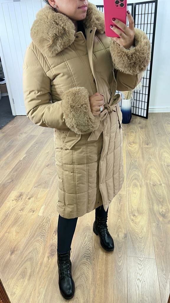 Elexi Camel Faux Fur Detail Padded Coat