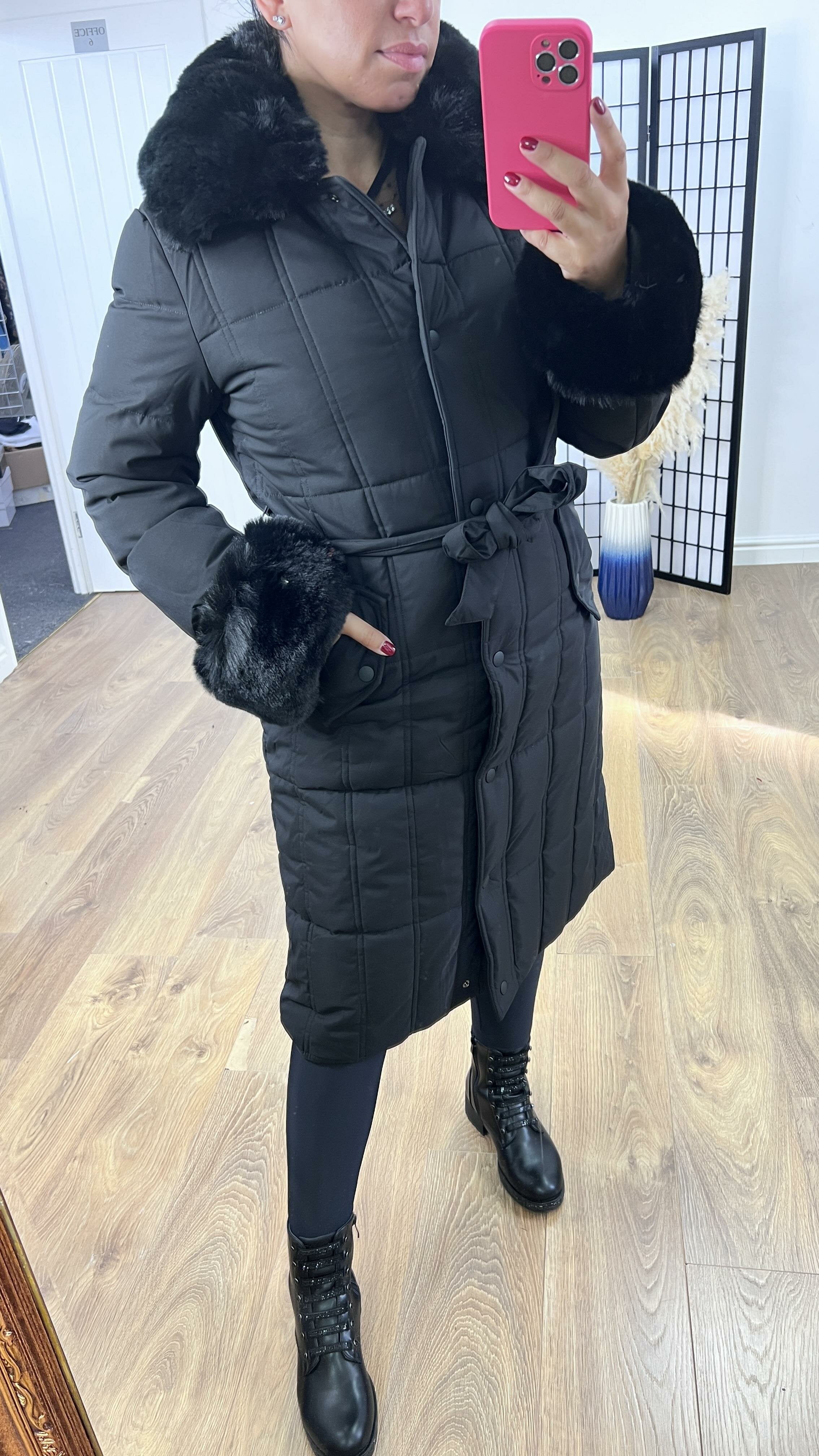Elexi Black Faux Fur Detail Padded Coat