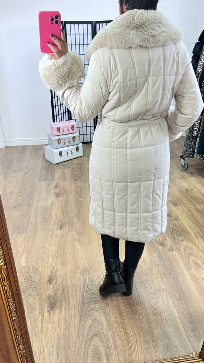 Elexi Beige Faux Fur Detail Padded Coat