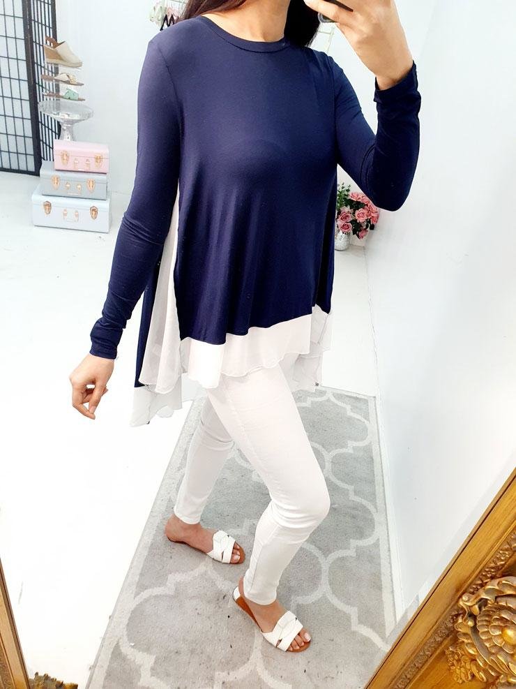 Elisa Chiffon Dipped Hem Navy Top