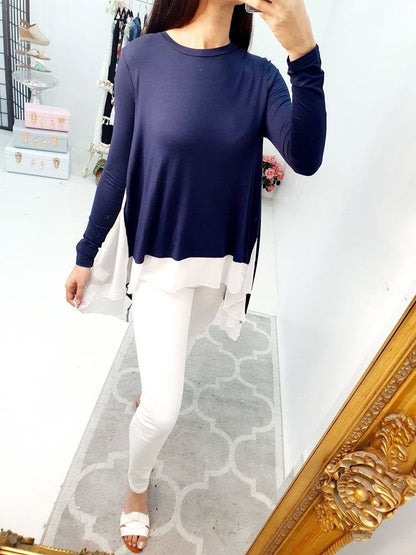 Elisa Chiffon Dipped Hem Navy Top