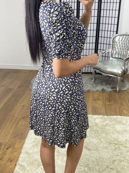 Ellia Navy Leaf Print Puff Sleeve Swing Dress