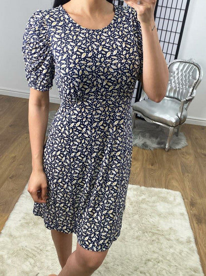 Ellia Navy Leaf Print Puff Sleeve Swing Dress