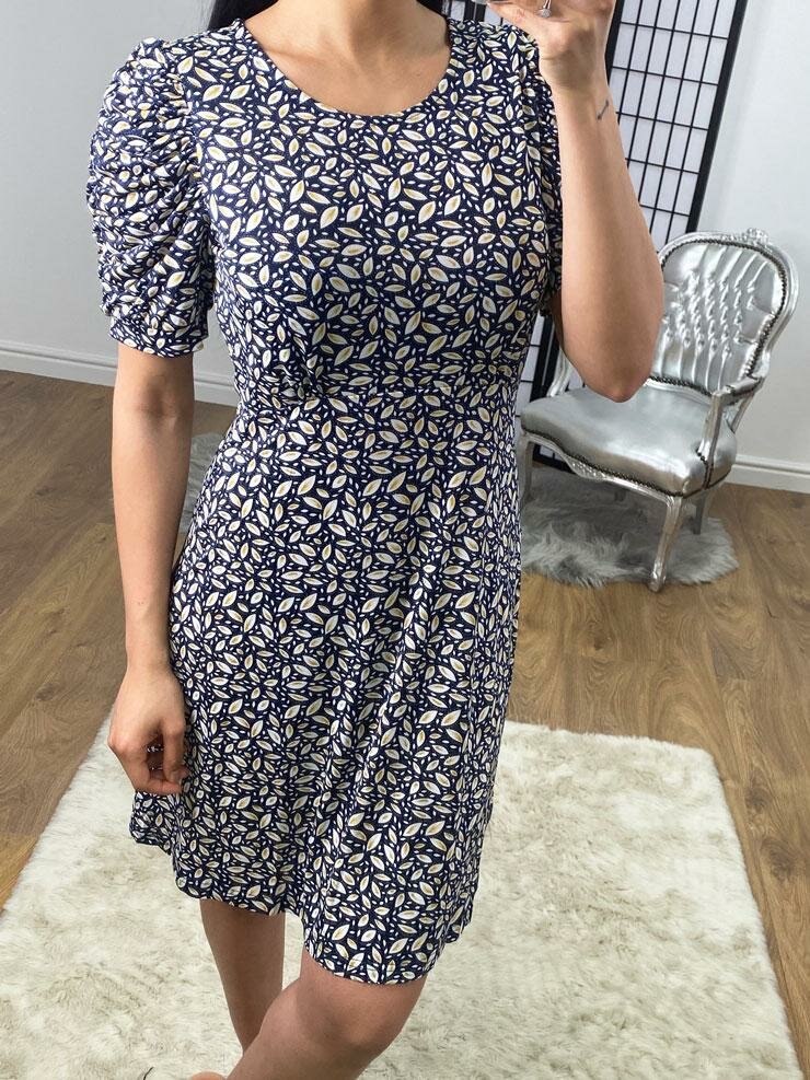 Ellia Navy Leaf Print Puff Sleeve Swing Dress