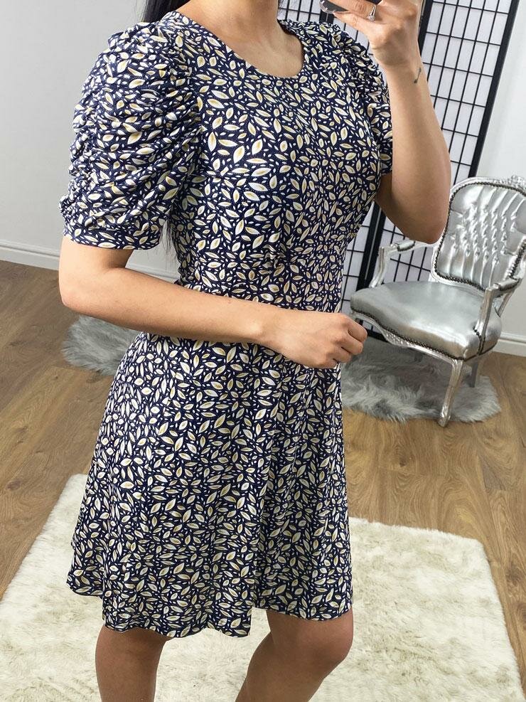 Ellia Navy Leaf Print Puff Sleeve Swing Dress