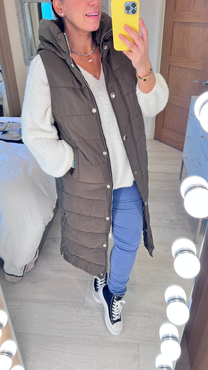 Ellison Khaki Hooded Longline Puffer Gilet
