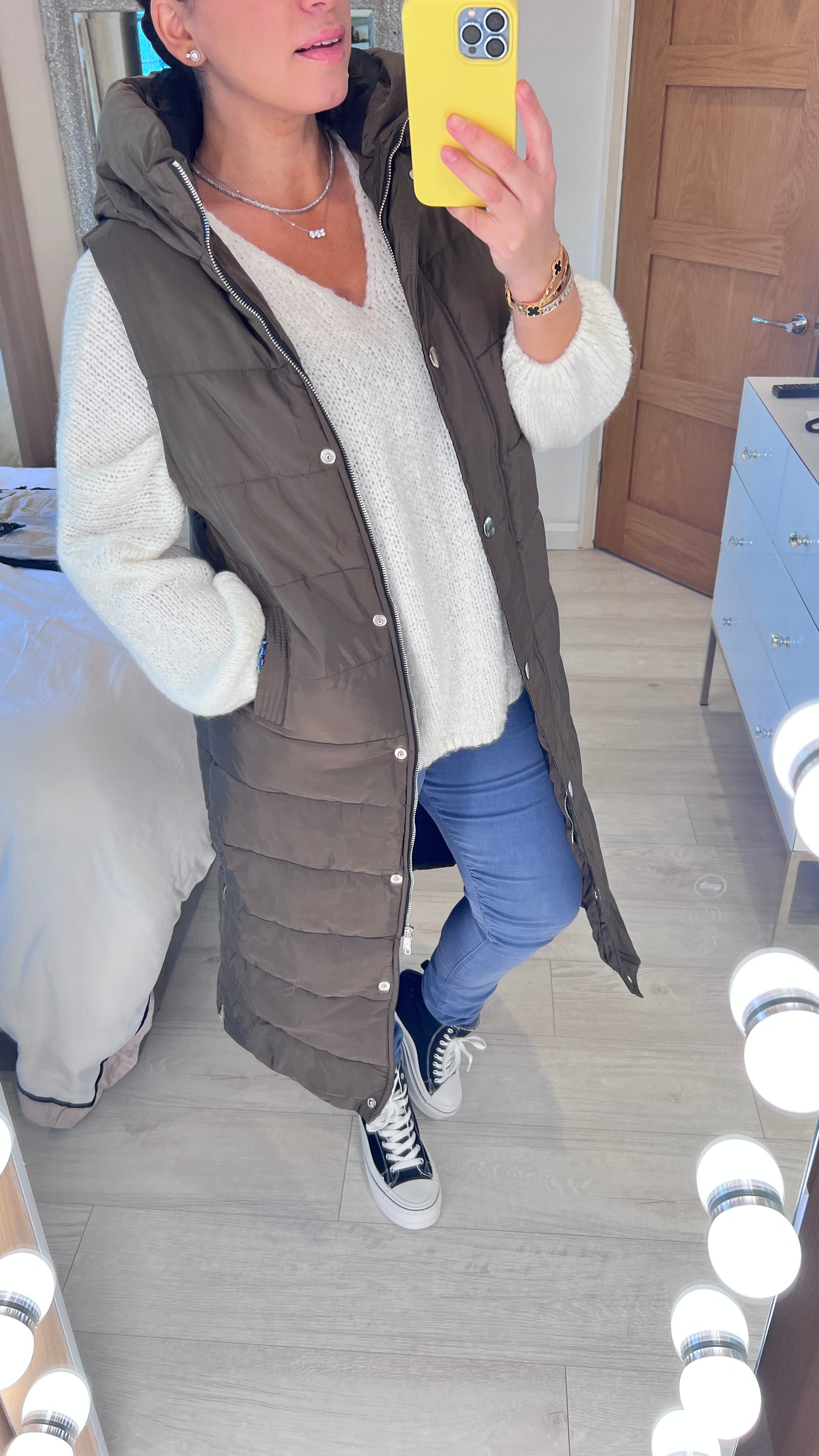 Ellison Khaki Hooded Longline Puffer Gilet