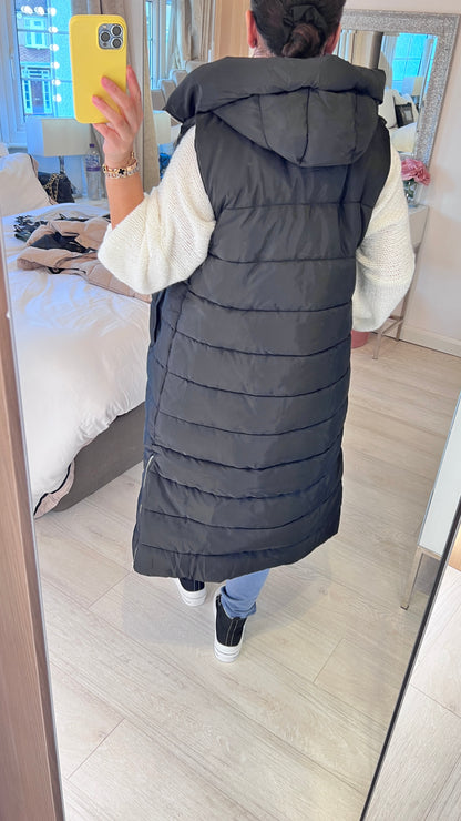 Ellison Black Hooded Longline Puffer Gilet
