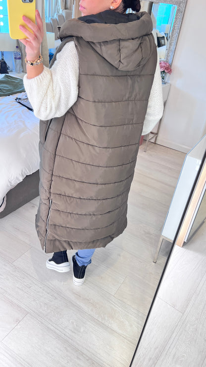 Ellison Khaki Hooded Longline Puffer Gilet