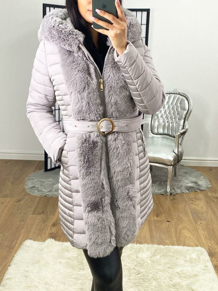 Elvire Light Grey Faux Fur Hooded Wet Look Padded Coat