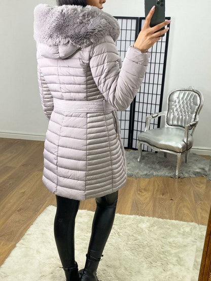 Elvire Light Grey Faux Fur Hooded Wet Look Padded Coat
