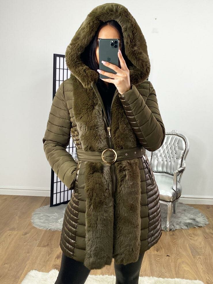 Elvire  Khaki Faux Fur Hooded Wet Look Padded Coat