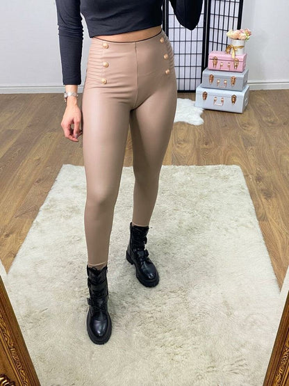 Ember Gold Military Button Detail Faux Leather Look Leggings