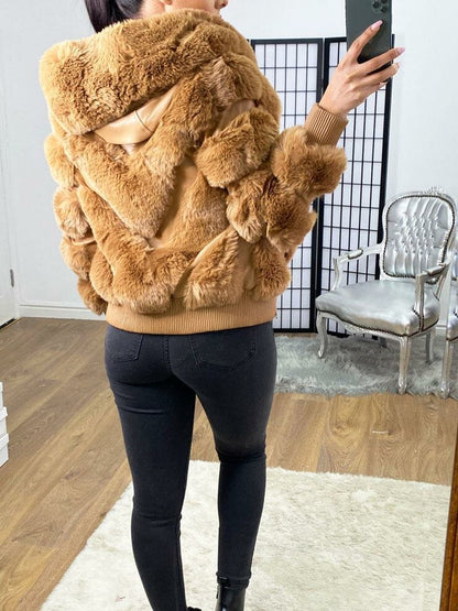 Farin Tan Faux Fur Panelled Hooded Jacket