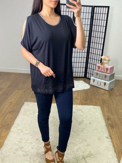 Fenton Cold Shoulder Lurex Edge Diamante Top