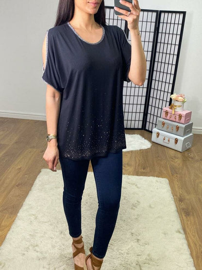 Fenton Cold Shoulder Lurex Edge Diamante Top