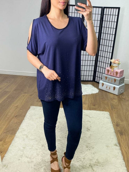 Fenton Cold Shoulder Lurex Edge Diamante Top