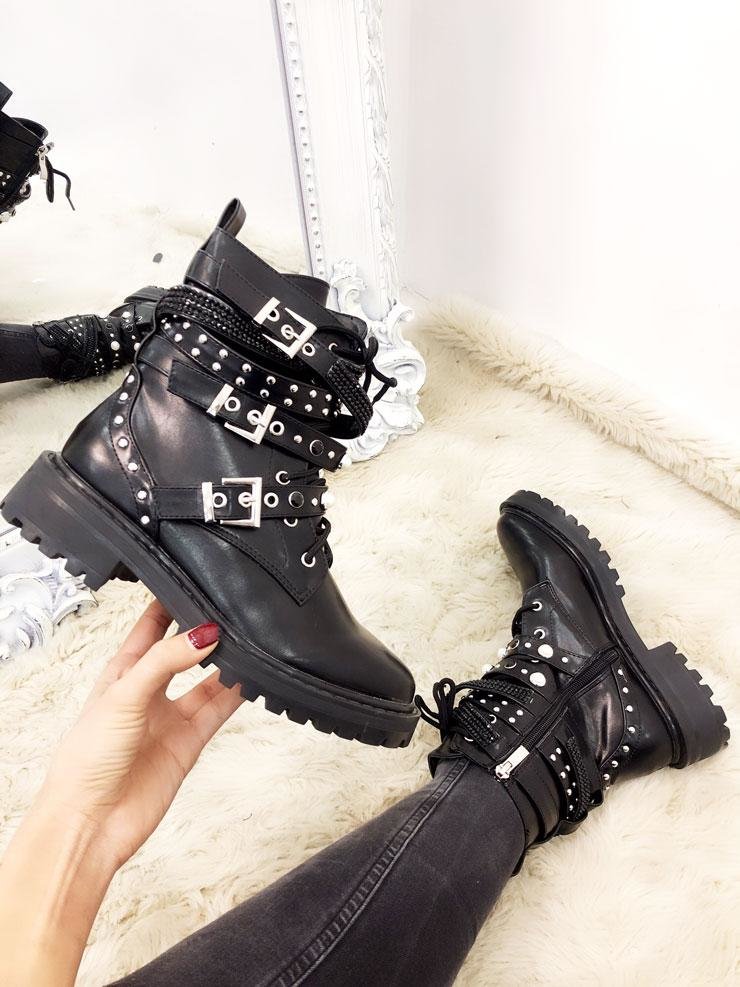 Ladies Boots Zara Flat Ankle Boots With Studs Leather Black Flat