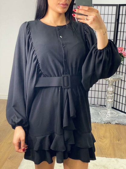 Fonda Ruffle Belt Detailed Chiffon Bell Sleeve Swing Dress