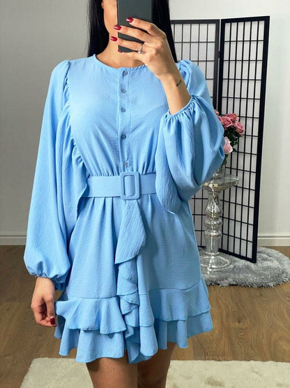 Fonda Ruffle Belt Detailed Chiffon Bell Sleeve Swing Dress