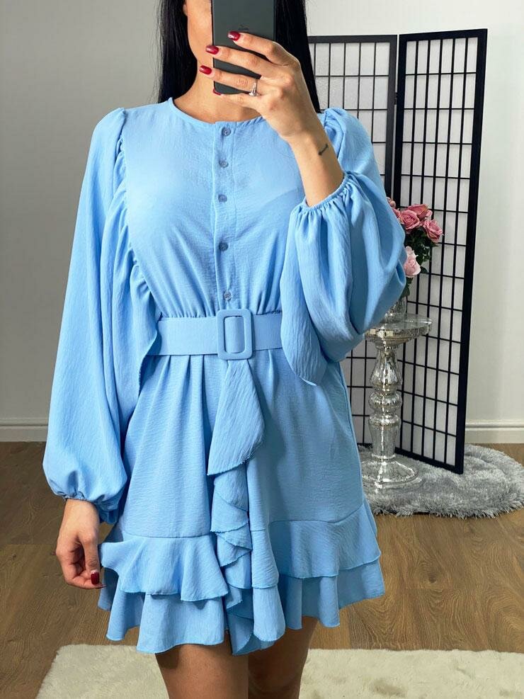 Fonda Ruffle Belt Detailed Chiffon Bell Sleeve Swing Dress