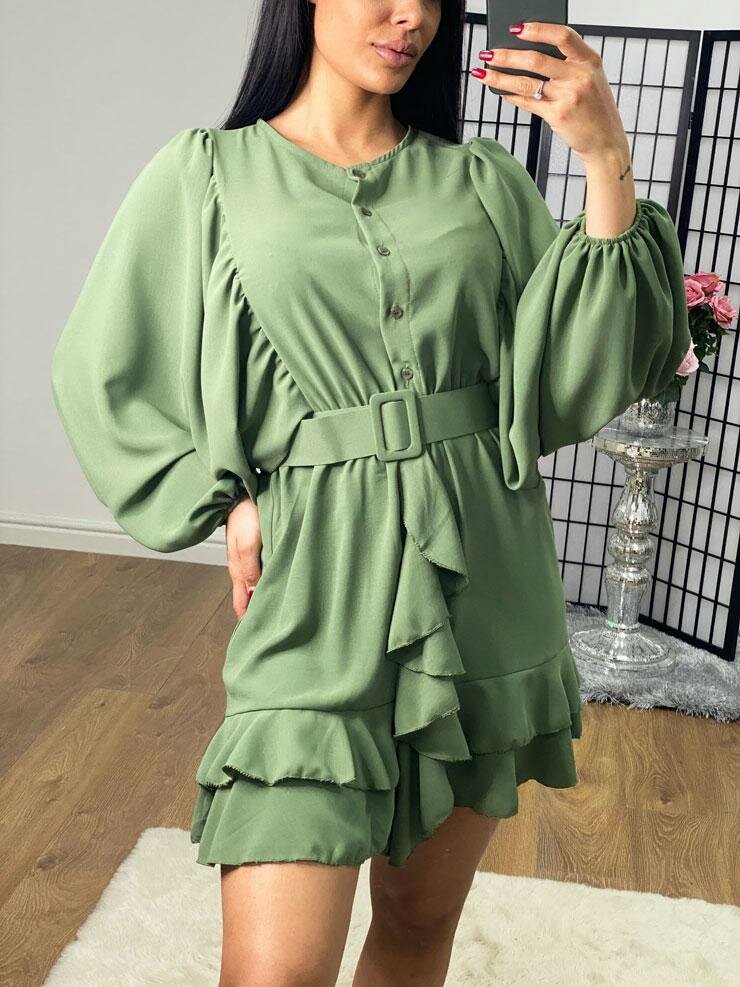 Fonda Ruffle Belt Detailed Chiffon Bell Sleeve Swing Dress