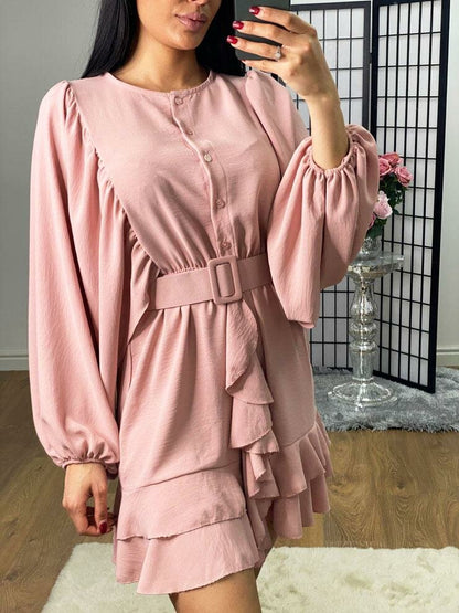 Fonda Ruffle Belt Detailed Chiffon Bell Sleeve Swing Dress