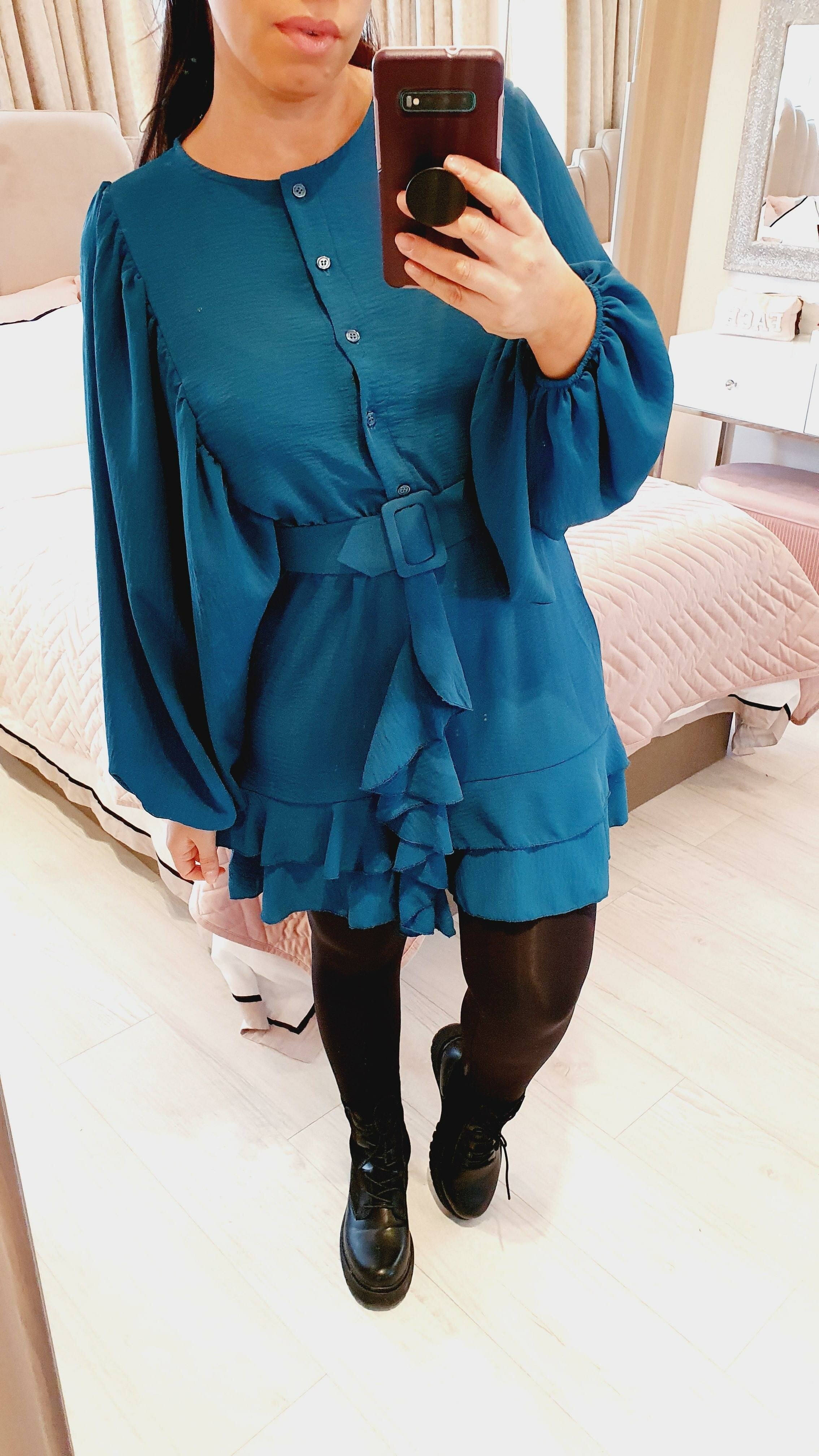 Fonda Ruffle Belt Detailed Chiffon Bell Sleeve Swing Dress