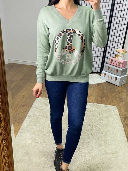 Gabby Leopard Print And Sequin V Neck Peace Jumper