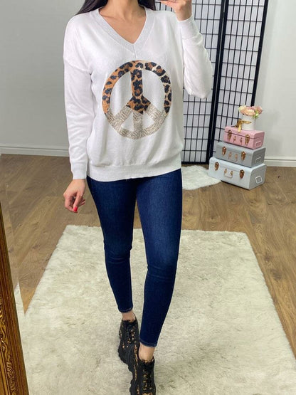 Gabby Leopard Print And Sequin V Neck Peace Jumper