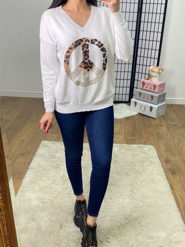 Gabby Leopard Print And Sequin V Neck Peace Jumper