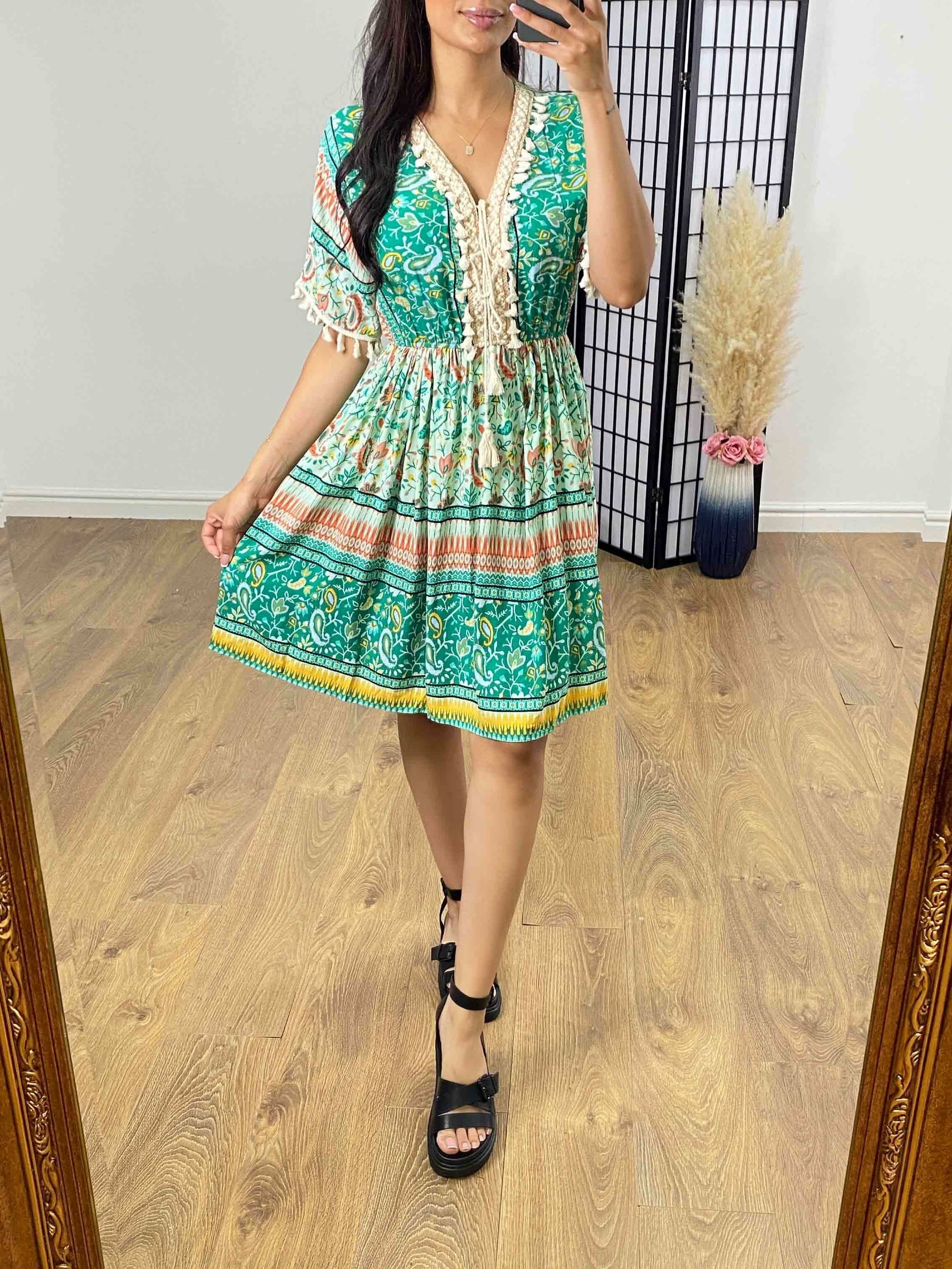 Garth Mint Paisley Print Tassel Detail Kaftan Dress