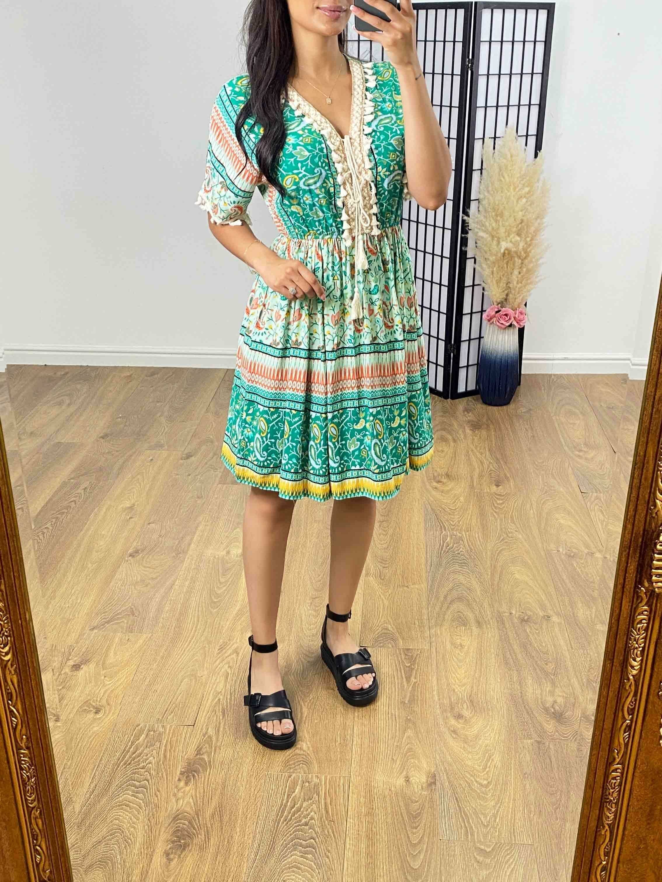 Garth Mint Paisley Print Tassel Detail Kaftan Dress