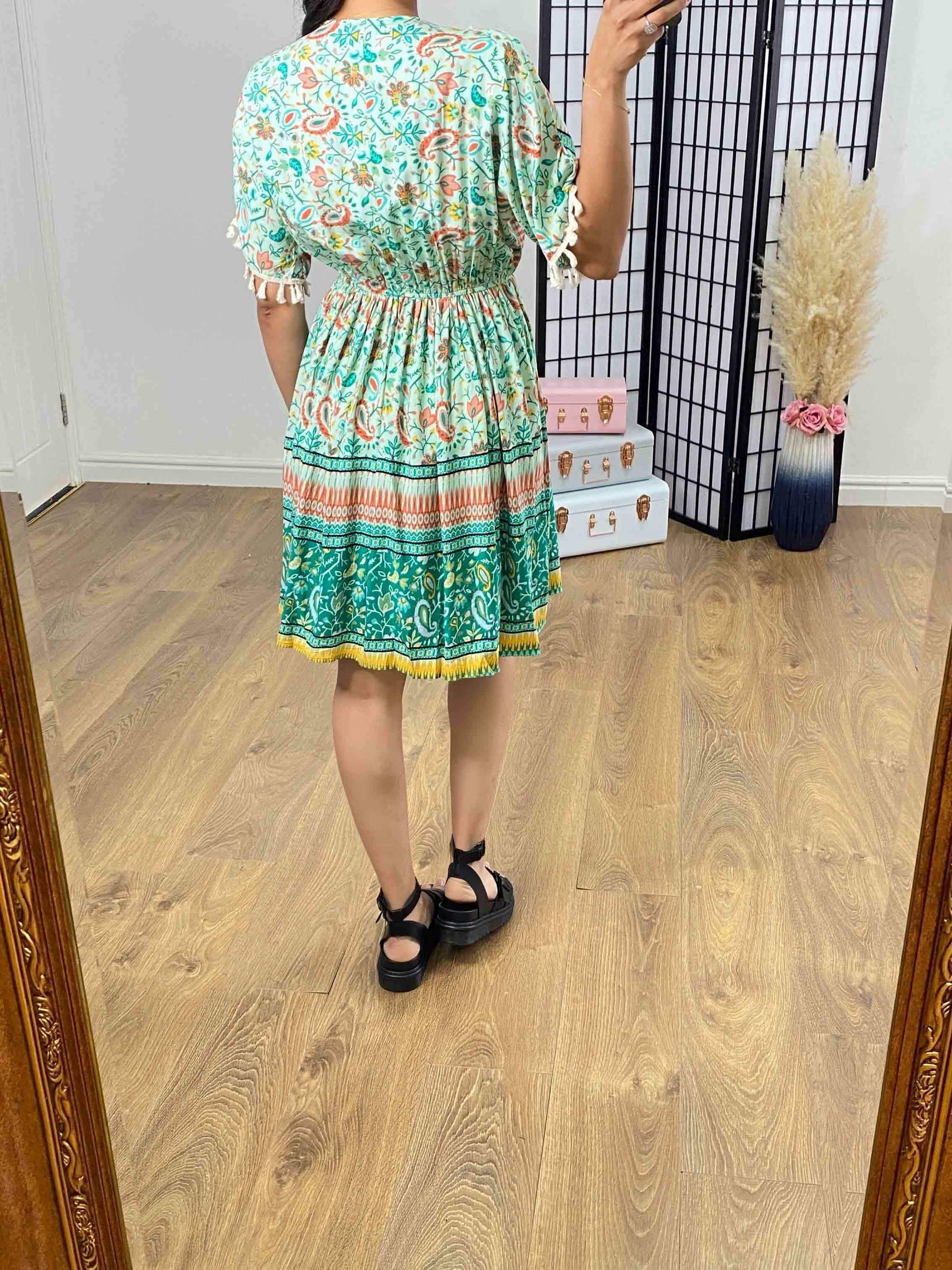 Garth Mint Paisley Print Tassel Detail Kaftan Dress