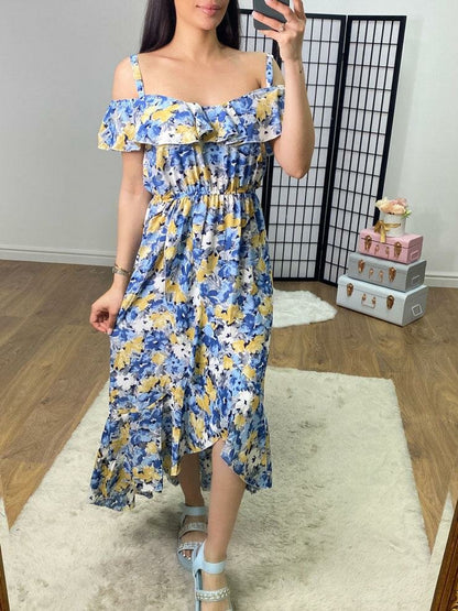 Hancie Floral Print Frill Bardot Strap Dress