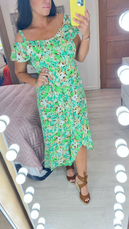 Hancie Floral Print Frill Bardot Strap Dress