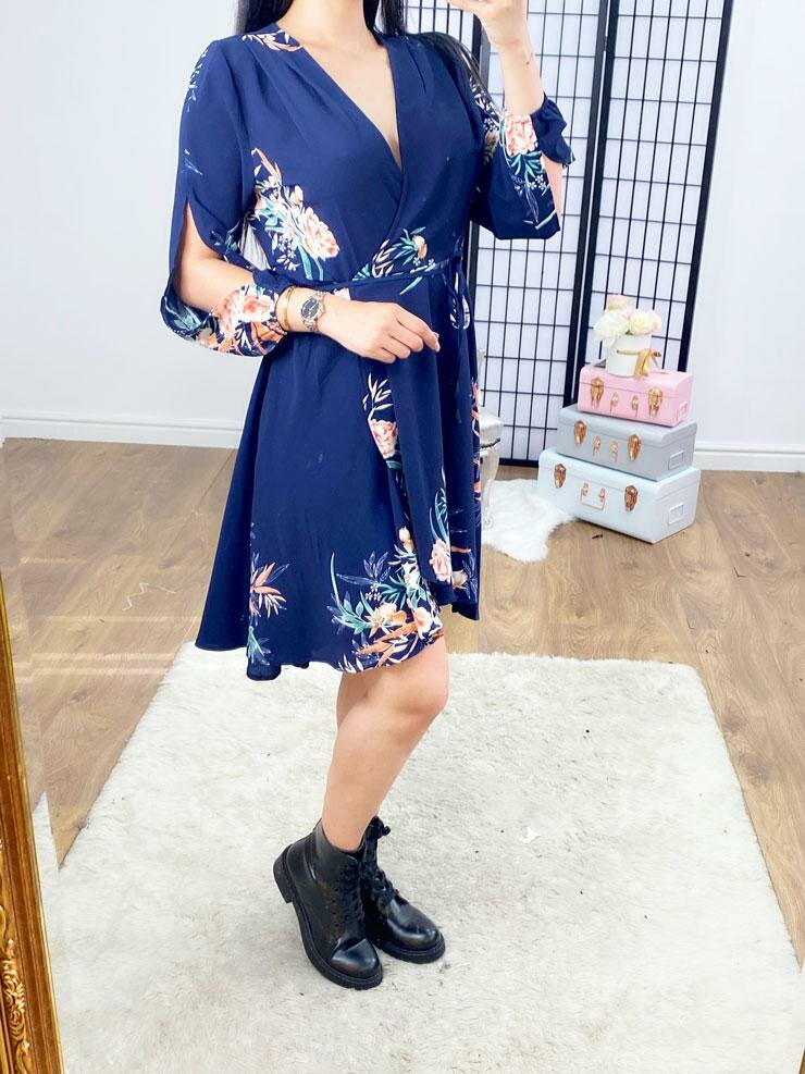 Harlie Navy Floral Dipped Hem Wrap Swing Dress