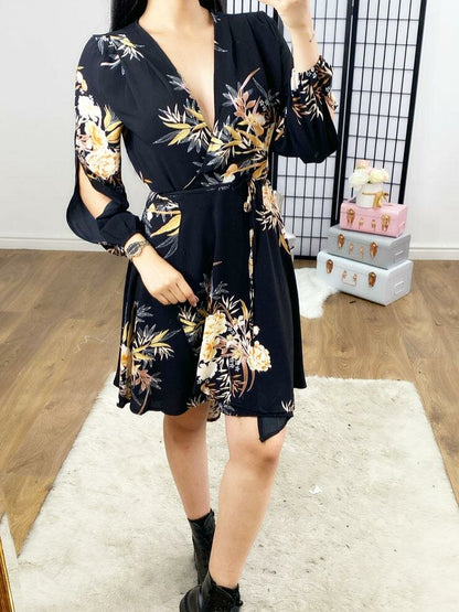 Harlie Black Floral Dipped Hem Wrap Swing Dress
