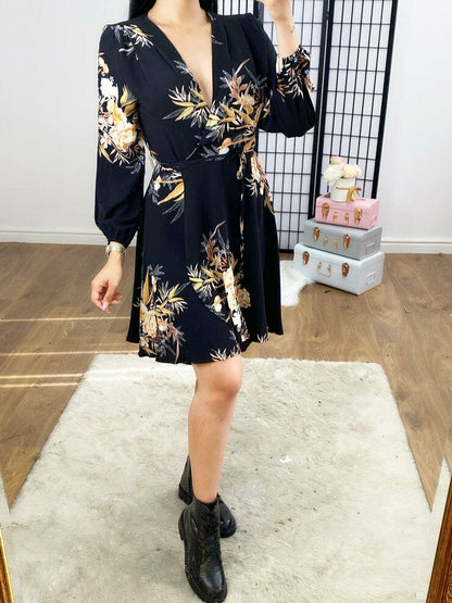 Harlie Black Floral Dipped Hem Wrap Swing Dress