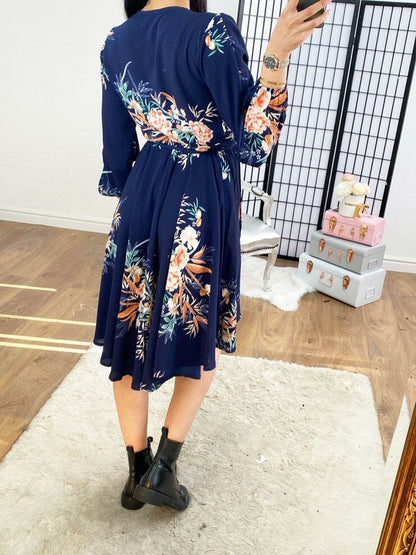 Harlie Navy Floral Dipped Hem Wrap Swing Dress