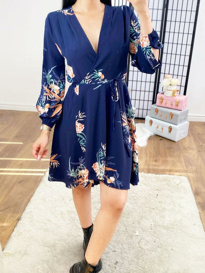 Harlie Navy Floral Dipped Hem Wrap Swing Dress