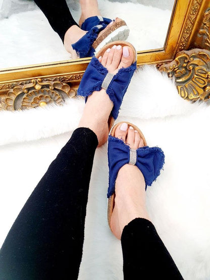 Harlow Distressed Denim Diamante Bow Sliders