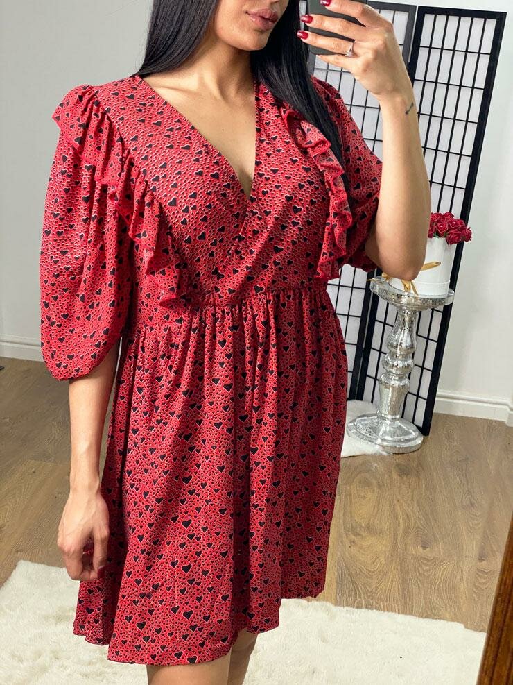 Annora Frill Puff Sleeve Heart Detail Floaty Dress