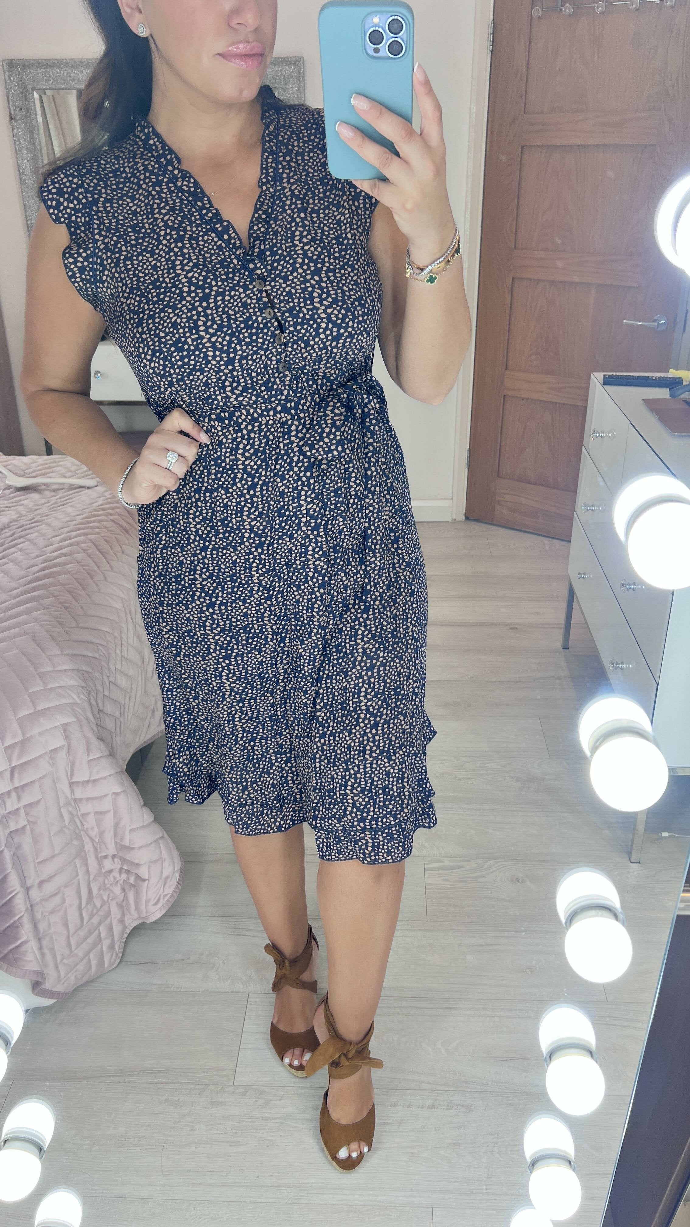 Heather Navy Speckled Print Frill Hem Dress