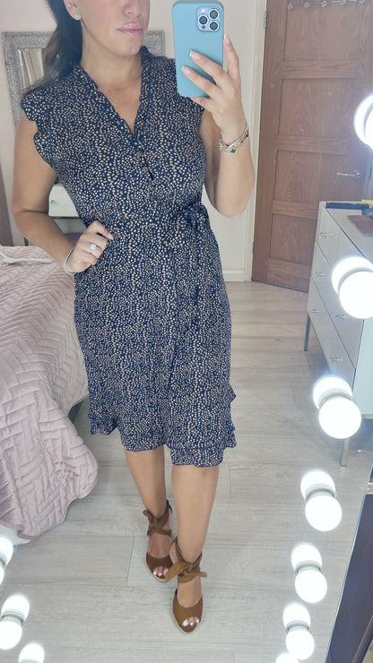 Heather Navy Speckled Print Frill Hem Dress