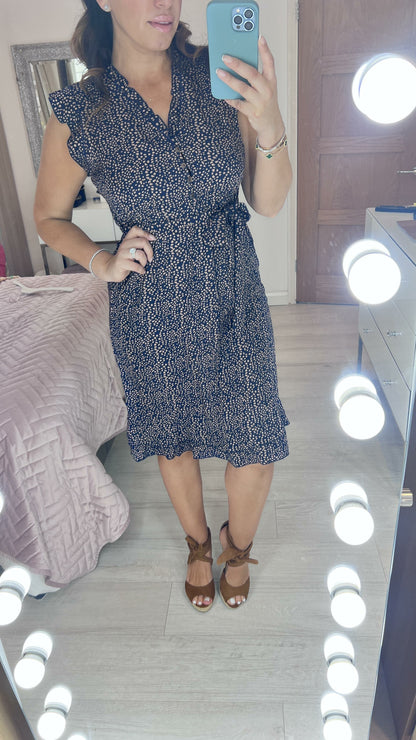Heather Navy Speckled Print Frill Hem Dress