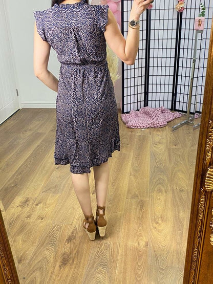 Heather Navy Speckled Print Frill Hem Dress