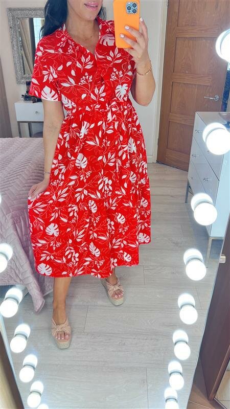 Helena Red Palm Print Shirt Midi Dress