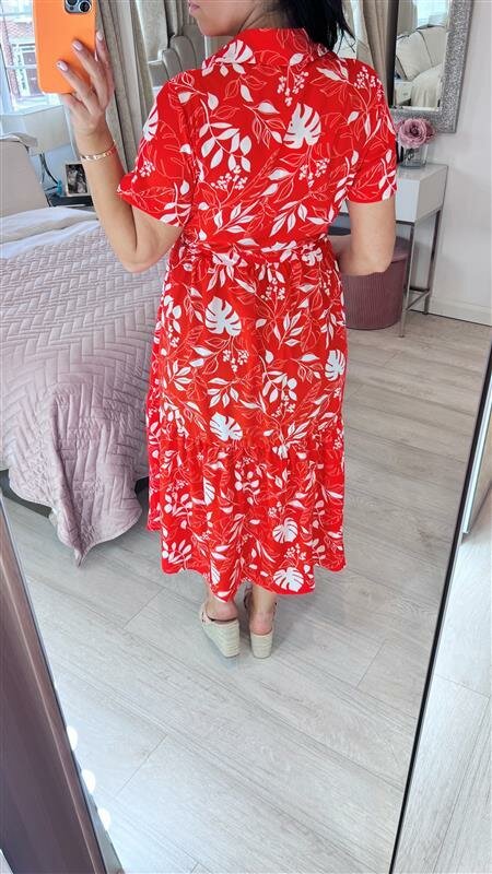 Helena Red Palm Print Shirt Midi Dress