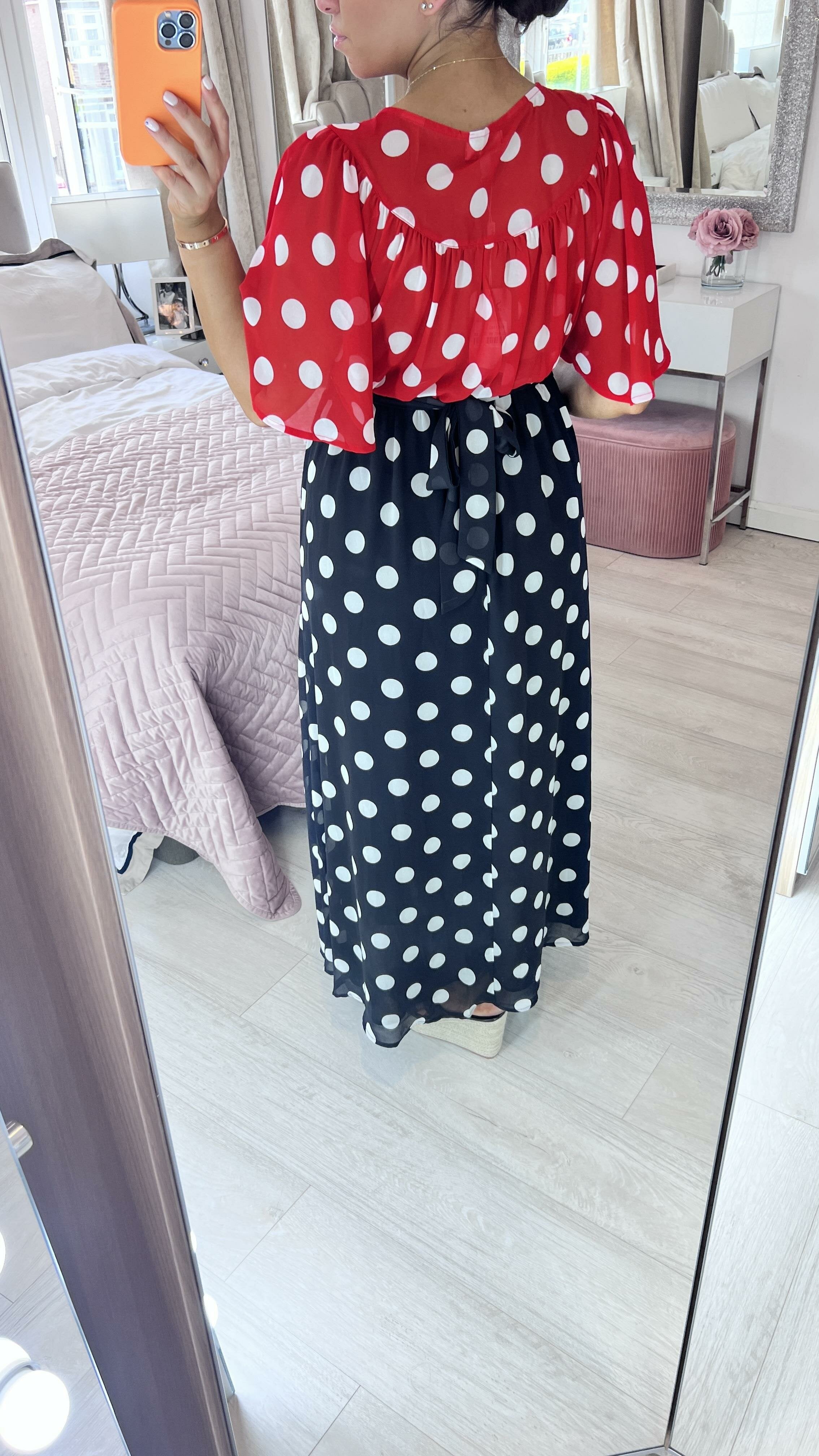 Ladies Dresses Spotty Dress Summer Black Print Polka Dot Silk Midi